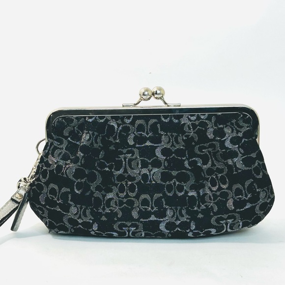 COACH Optic Signature CC Kisslock Framed Lurex Wristlet Clutch Black & Silver - Picture 1 of 10
